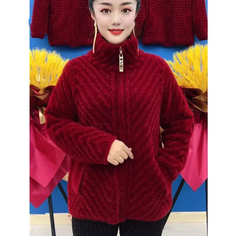 6XL Middle Aged Elderly Mother Imitation Mink Velvet Coat Autumn Winter Thick Stand Zipper Cardigan Sweater Women Knitted Jacket