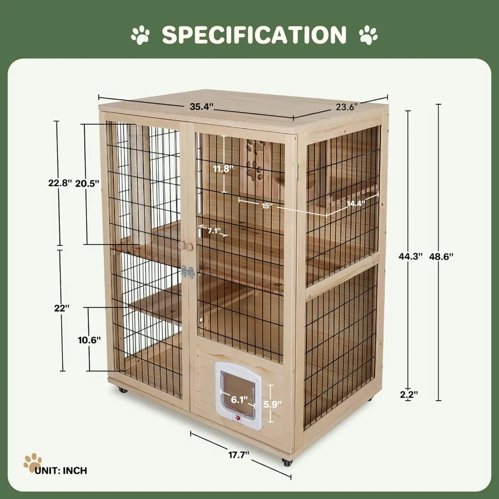 Wooden Cat House, Large Space Cat Cage with Scratching Post and Lockable Wheels, Cat House with Escape Door, Double Cats Houses