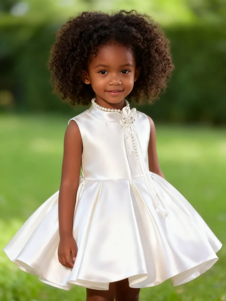 

Платье с цветочным узором для девочек, атласное жемчужное платье длиной до колена, детское праздничное платье принцессы на свадьбу, день рождения