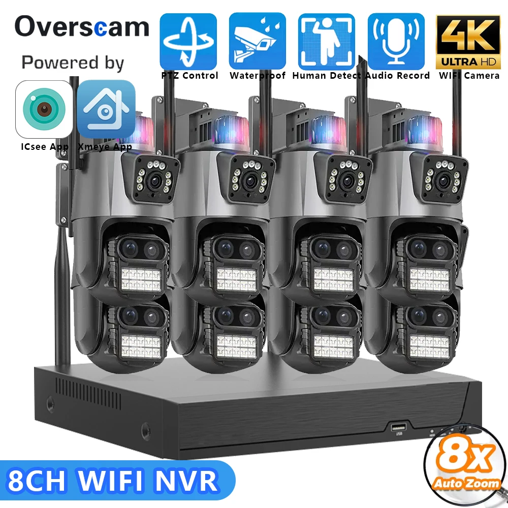 8CH NVR WiFi Security 8MPCamera System Dual Lens PTZ Human Detection Audio Record 8X Auto Zoom ICSee Xmeye CCTV Surveillance Kit