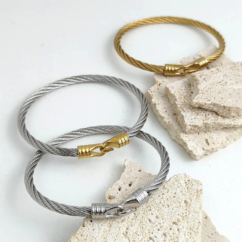Wire twisted hook stainless steel gold plated 18K bracelet, high quality waterproof silver jewelry, couple gift