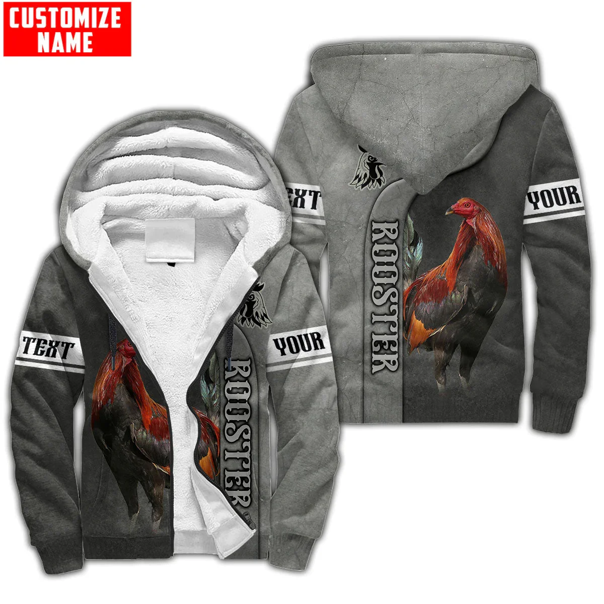 

PLstar Cosmos Personalized Name Rooster 3D Printed Fleece zipper Hoodies Unisex Winter Warm plus velvet Jacket Coat JRL12