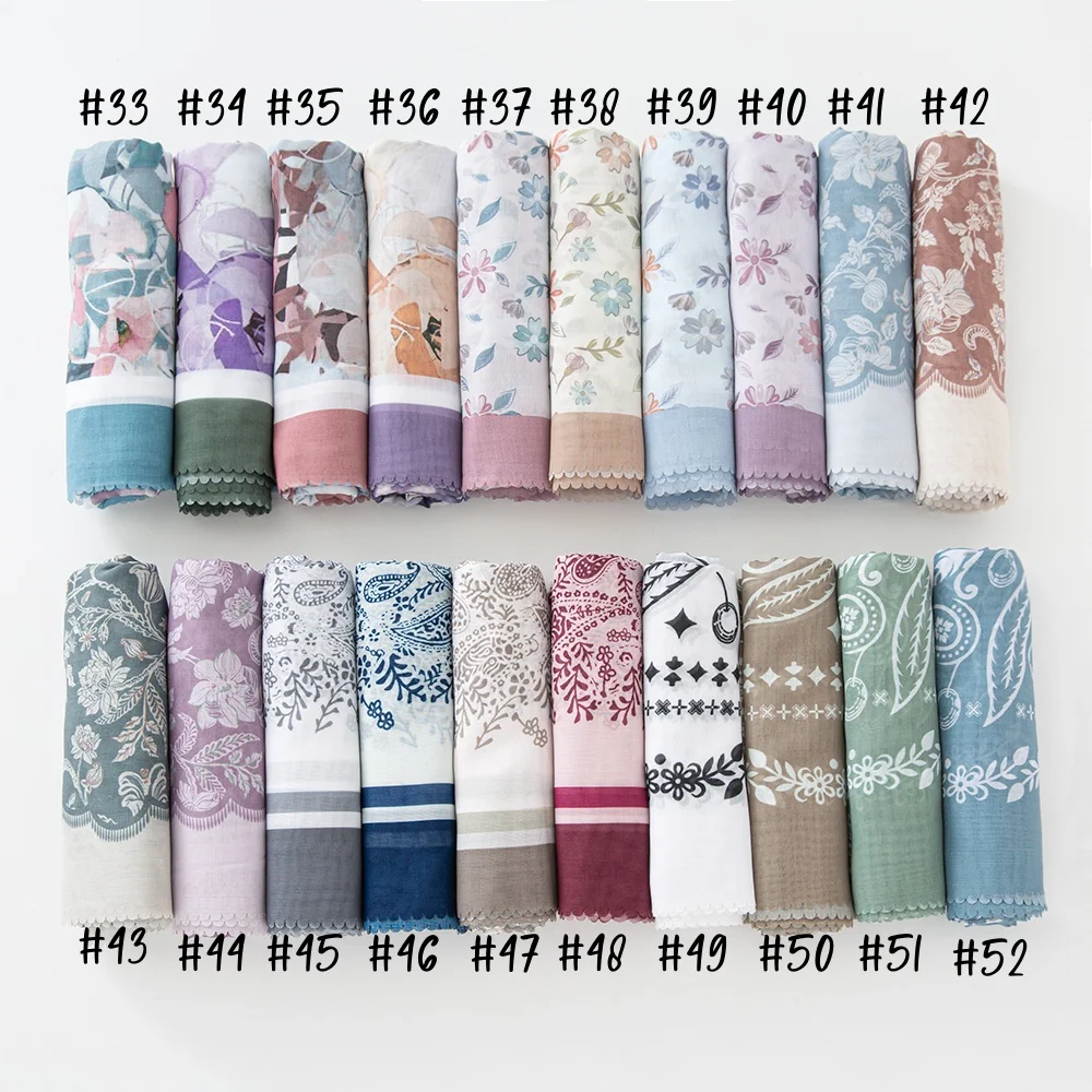 51Colors Malaysia Tudung Bawal Flower Print Hijab Laser Cut Edge Headscarf Premium Cotton Voile Soft Fashion Muslim Square Scarf