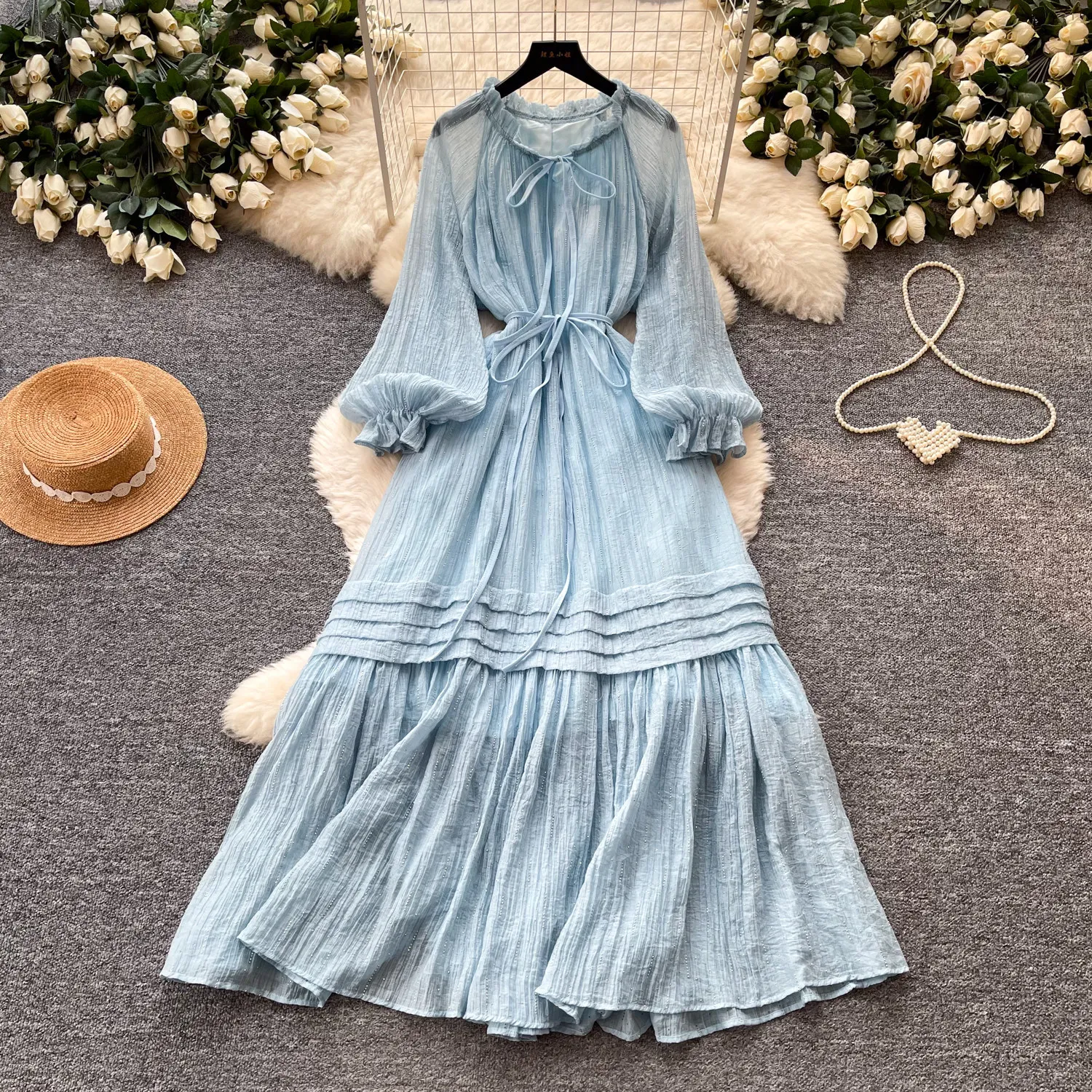 

Women Long Dress Dresses A Line Vestidos Y2k Streetwear Round Neck Lantern Sleeve Elegant Party Night Work Tight Waist 2026