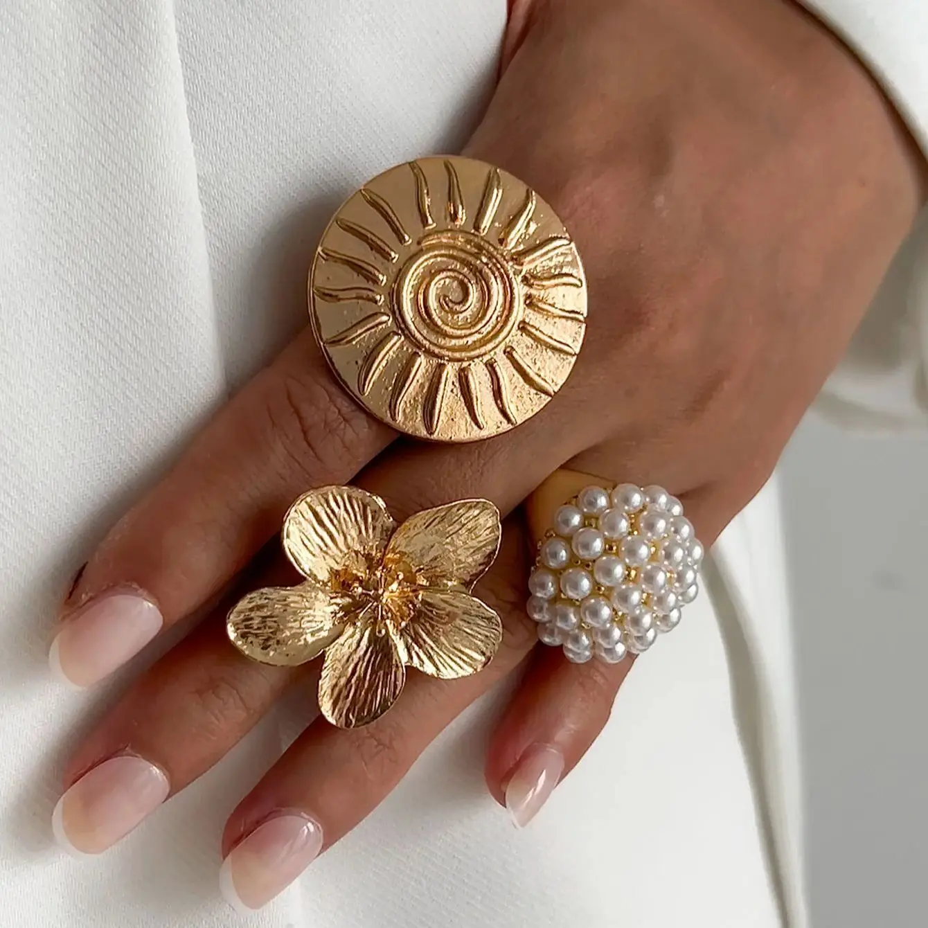 Lacteo 3Pcs/Set Sun Imitation Pearl Adjustable Rings for Women Creative Irregular Flower Shape Fashion Aesthetic Jewelry Gift