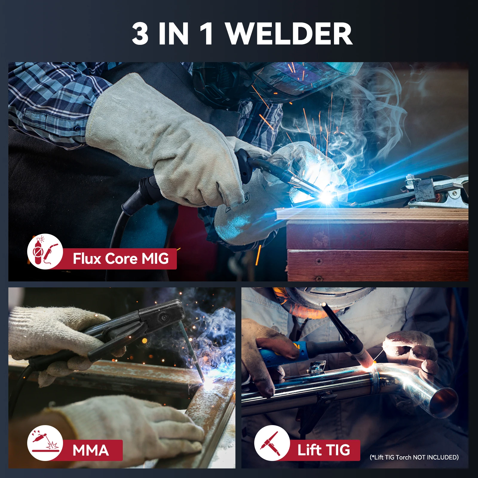 3 in1 Welding Machine Semi-Automatic No Gas MIG/MMA/LIFT TIG Argon Arc 130A 110V Synergy Inverter Welder Portable Iron Soldering