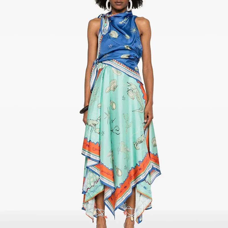 Elegant Pattern Print Waist Party Dress Women Casual Sleeveless Holiday Dresses Fashion O-neck Bow Lace-Up Irregular Long Dress