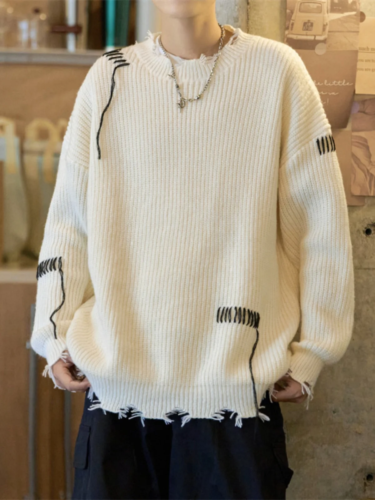 

Мужской вязаный свитер с асимметричным дизайном и отверстиями, осенне-зимний, модный, свободный крой, в стиле кэжуал, удобный, из мягкого материала