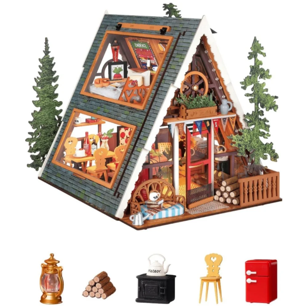 Robotime Rolife Kit de maison miniature à monter soi-même, cabine à cadre en A, puzzle 3D en bois, petite maison avec lucarne ouvrable pour adolescents et adultes