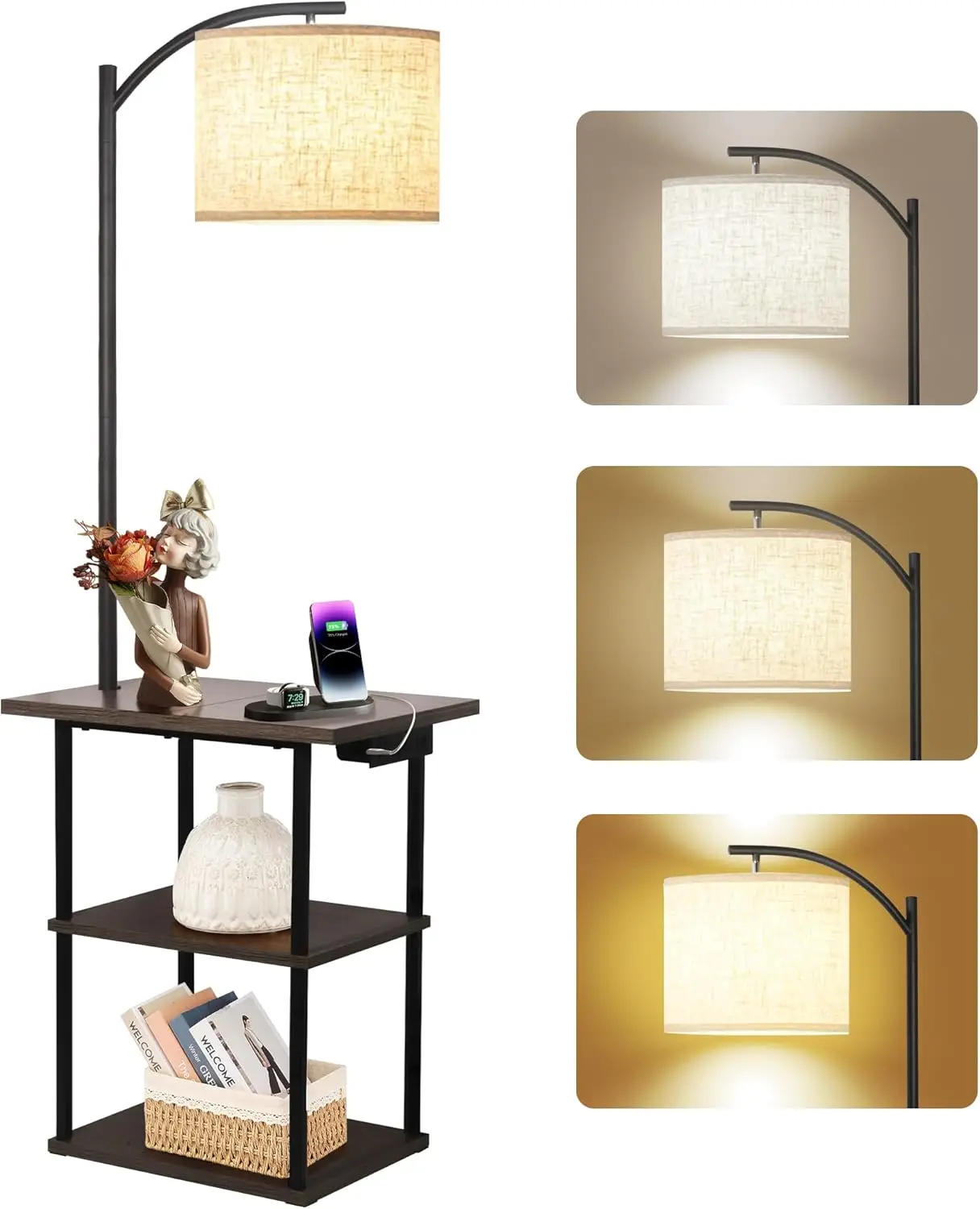 Floor Lamp with Table, End Table with Charging Station(USB & Type-C & AC Port), 3 Color Temperatures 9W LED Bulb