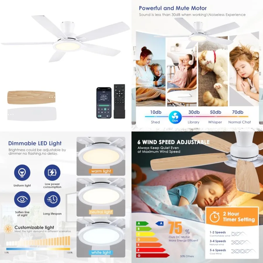 

52In Flush Mount Ceiling Fans with Lights - White Low ProfileCeiling Fan with Remote/APP, Reversible, 3CCT Dimmable, Modern Fan