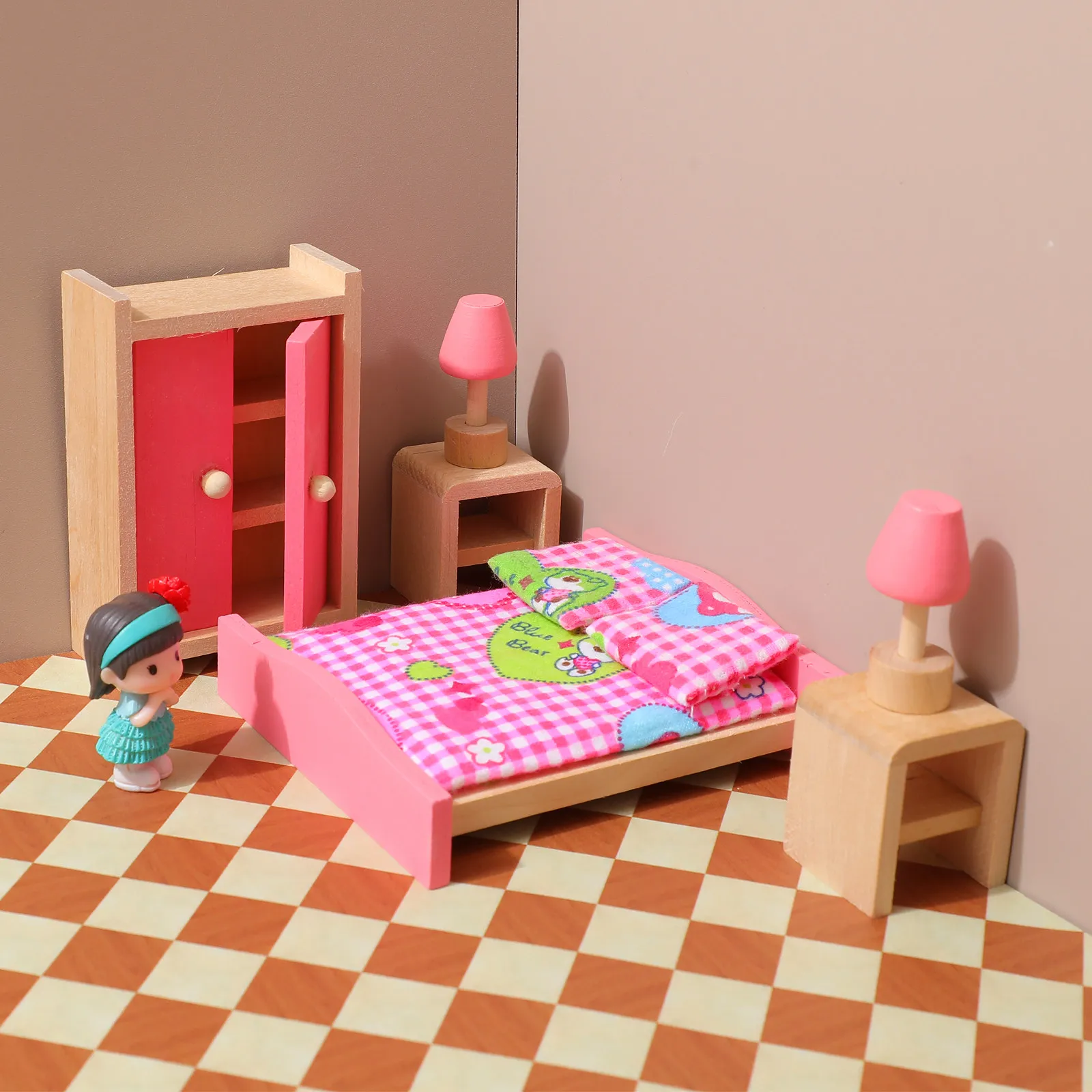 Wooden Children Furniture Miniature Bedroom Set Stimulate Brain Development Role Play Expand Imagination Nursery Mini Bedroom