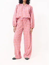 Women Red Plaid Lounge Set Scoop Neck Long Sleeve Tops Elastic Waist Long Pants 2 Piece Outfits Harajuku Fall Pajamas Sets