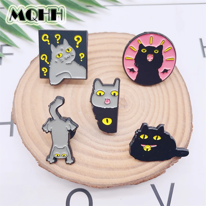 Cartoon Cute Anime Black Cat Enamel Pins Cat Thinking Question Mark Round Alloy Brooch Badge Sweet Jewelry Gift