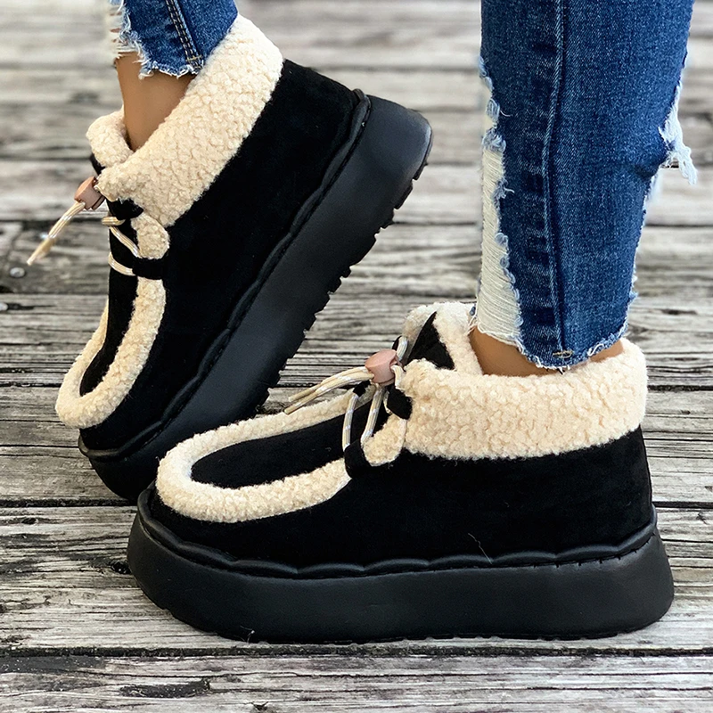 Women\'s Thicken Plush Platform Boots Autumn Winter Warm Comfortable Snow Boots Lace Up Casual Cotton Shoes Botas De Mujer