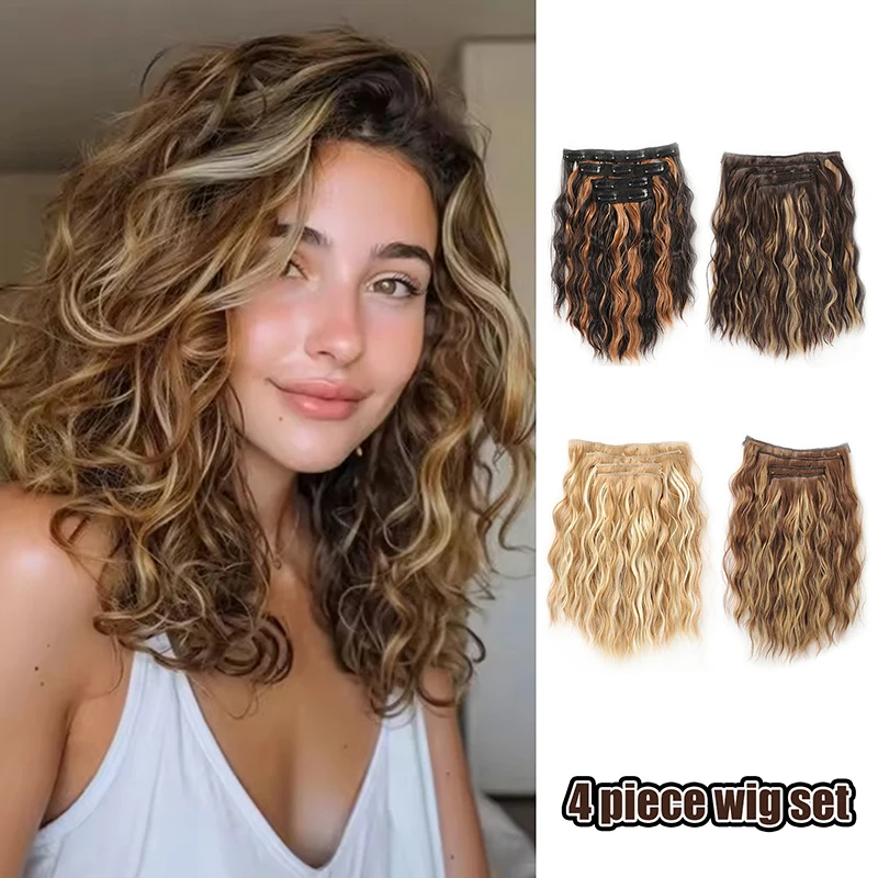 

4Pcs/set Synthetic Curly Clip In Hair Extensions Wavy Curly Hairpieces Clip-On Full Head Fake Pieces Black Brown Hair For Women