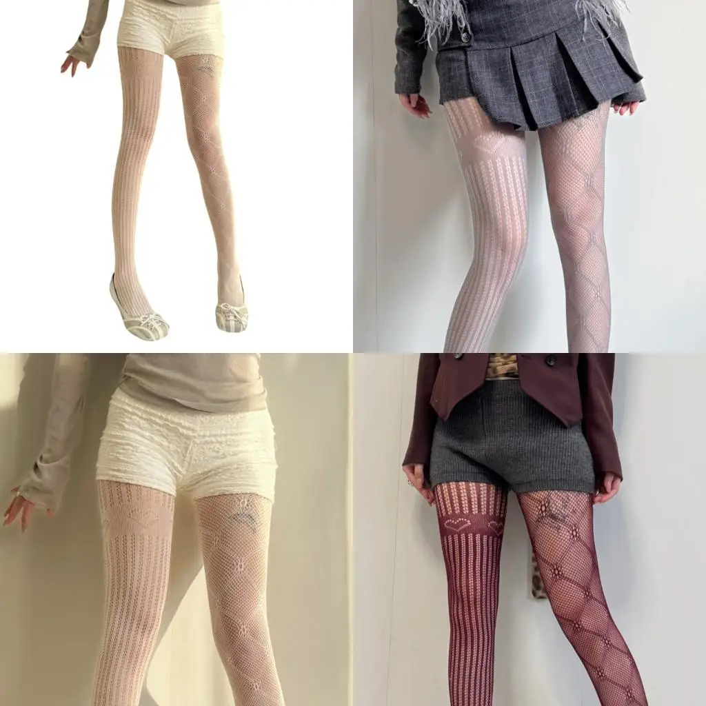

L5YC Womens Aesthetic Hollowout Mesh Tights Stockings Asymmetrical Argyle Floral Heart Lace Patterned Sheer Pantyhose