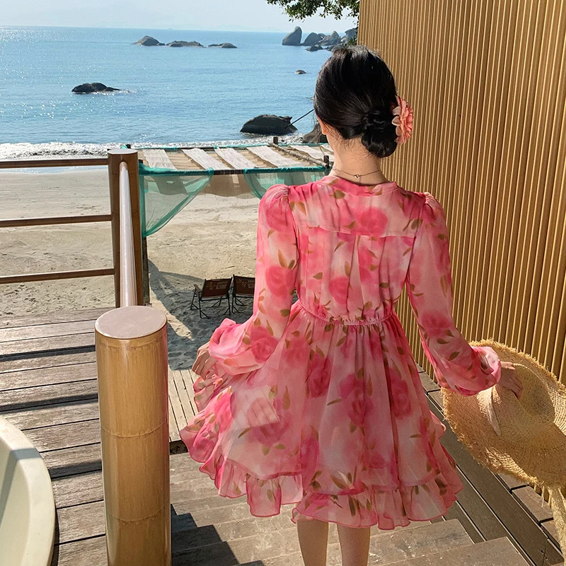 Retro Lace Trim Pink Lantern Sve Floral Waist Cinched ort Skirt Beach Vaion Chiffon Dr Women's Faion Summer 2025
