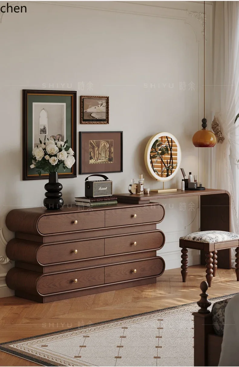 HT Vintage Corner Makeup Table Bedroom Solid Wood Dressing Table Cabinet Chest of Drawers