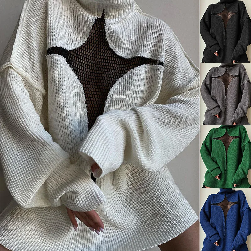 

Solid Color Stand Collar Long Sleeve Hollow Out Loose Waist Knitting Sweater For Women 2025 Spring Fashion New Wear
