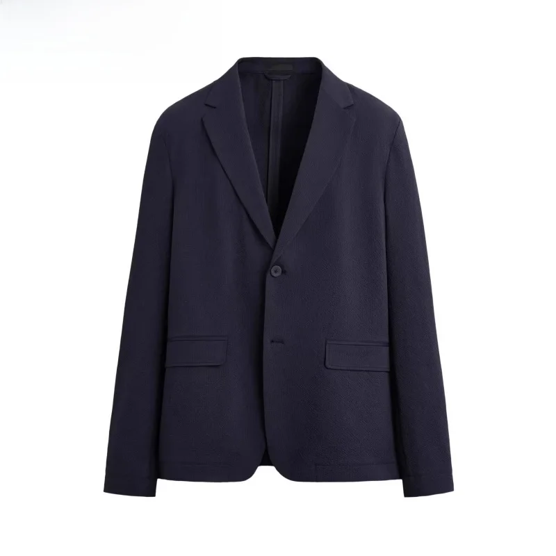 

Spring 2025 Men's Casual Long Sve Bubble irt Cool Feeling Lapel Suit Jaet Stand Fit Busin Casual Pure Color