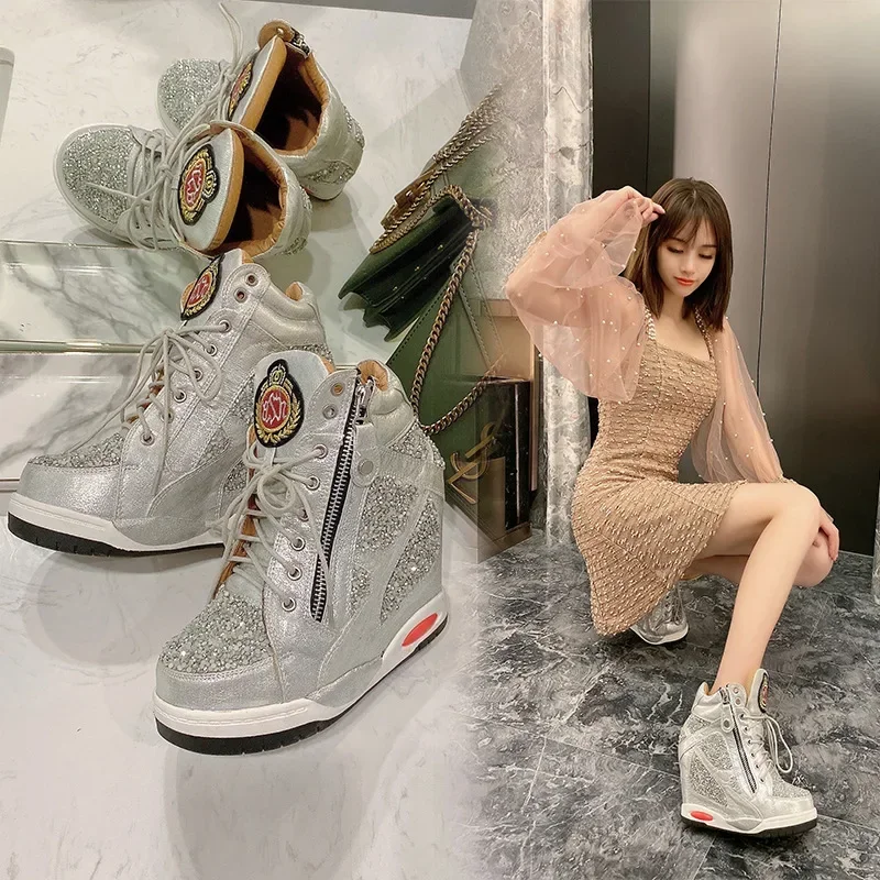 Scarpe da donna con punta a punta in vera pelle con paillettes Bling Lace Up Sneaker con zeppa nascosta scarpe con tacco a zeppa in oro con cerniera