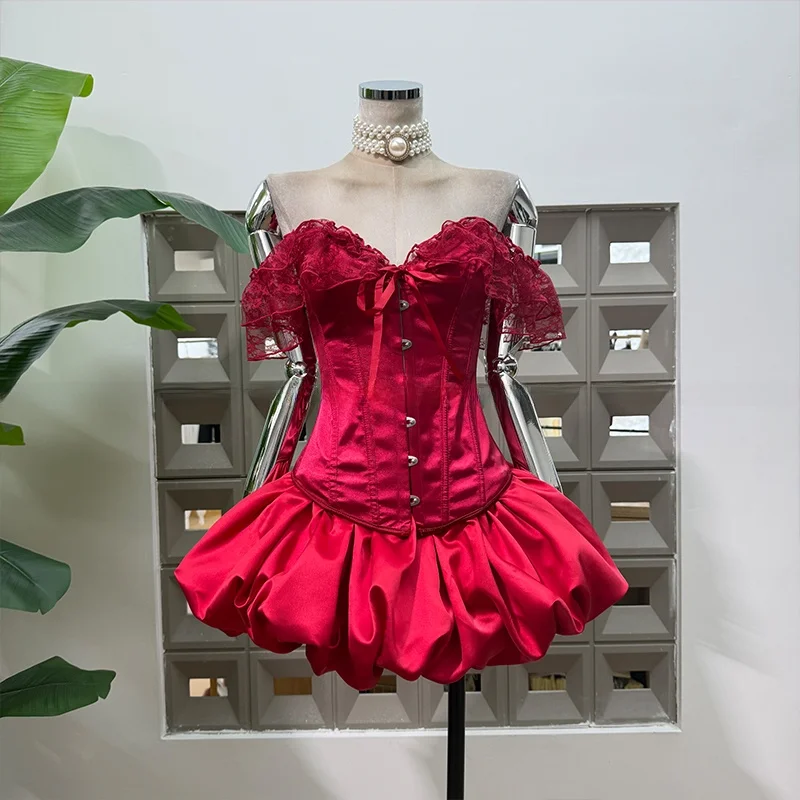 

Retro Lace Fibone Tie Bubble Skirt Set Slimming Spring Summer Birthday Par Faionable Ensemble for Rich Girls