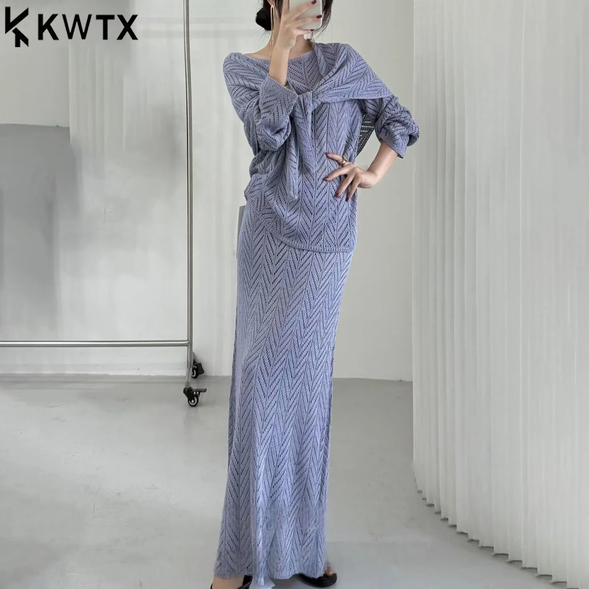 

KWTX Women’s 3Pcs Lace Knit Top Shawl Elastic Waist Skirt Set Solid Color Casual Spring Summer Elegant Slim Comfortable Premium