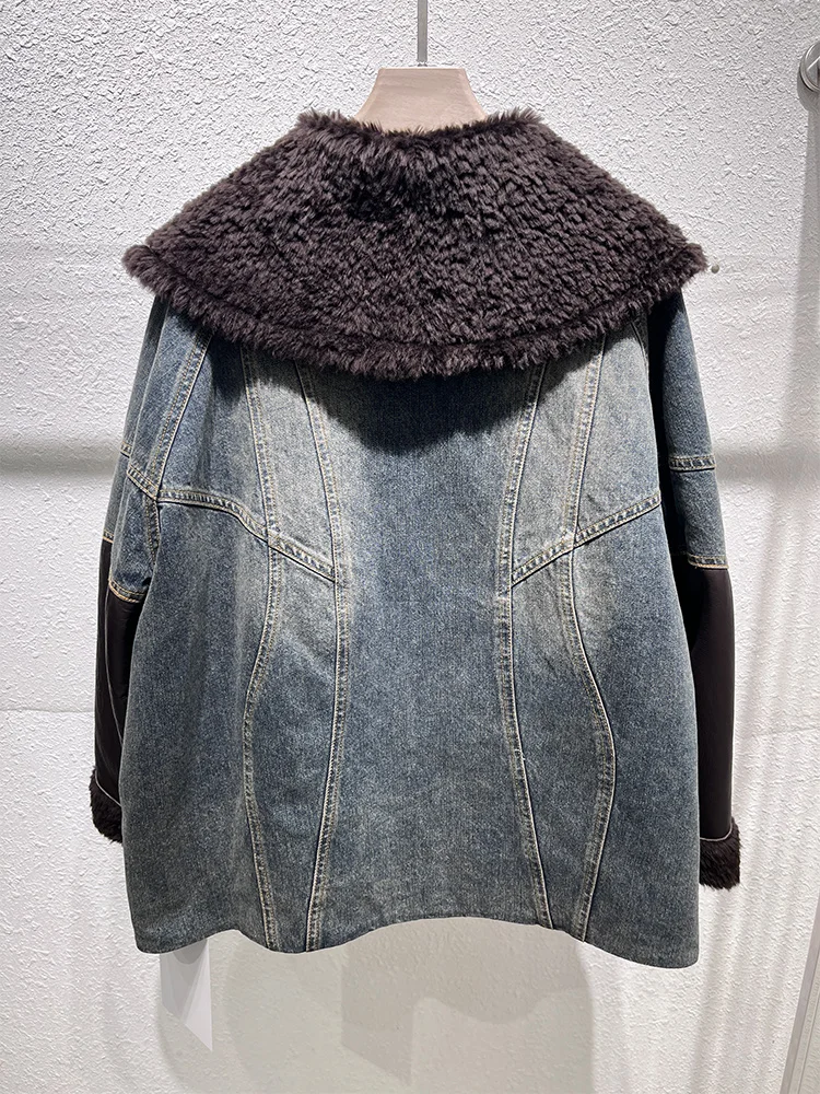 2025年秋冬 ナチュラルラムシープファー襟付き 厚手 レディース 暖かいデニムジャケットコート ダックダウンジャケット 高級アウター