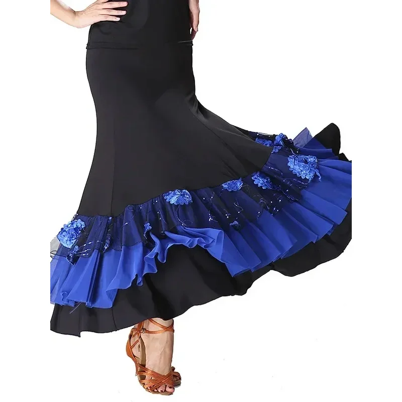 Mulheres flamenco vestido de prática de salão espanhol fantasia dança do ventre wear lantejoulas flor bordado plissado grande asa saia de palco cigano