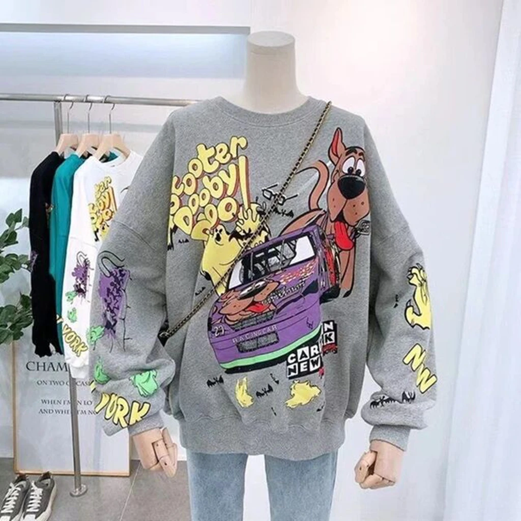 Kapu autumn and winter cartoon car dog print pullover red masked women clothing heaven positive reflection 2000 gray loose