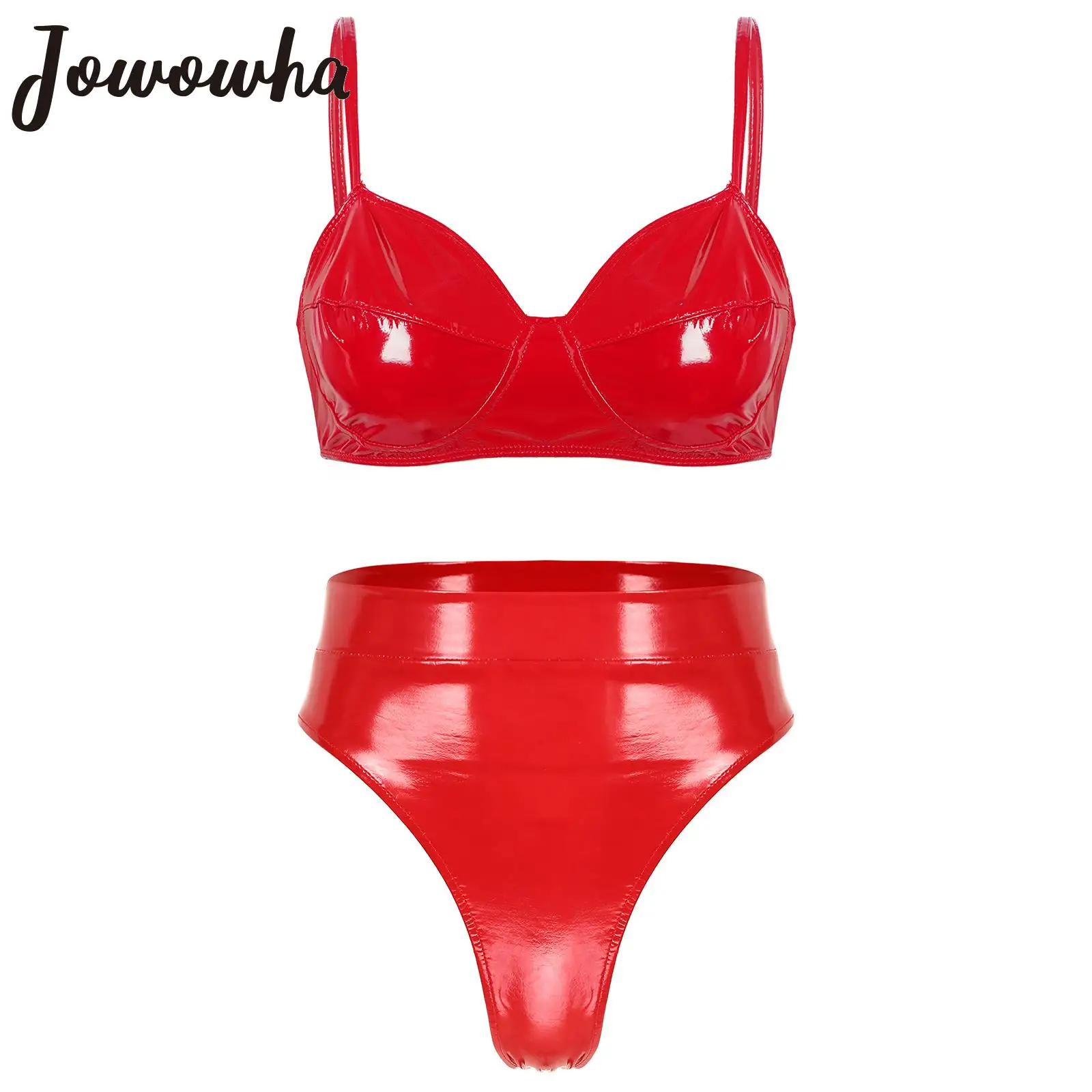 Womens Sexy Patent Leather Lingerie Wet Look Bra Top with High Waist Briefs Panties Underwear Pole Dancing Stage Party Clubwear