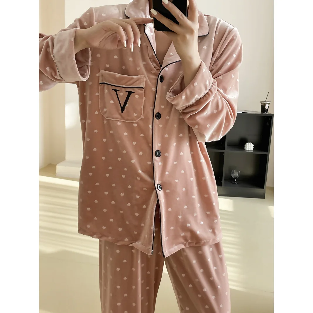 Warm Velvet Pajamas Set Long Sleeve Homewear Lady Elegant 2Pcs Top&pants Autumn Winter New Sleepwear Print Love Pyjamas Suit