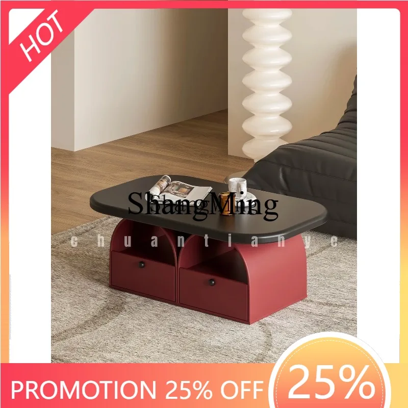CL Light Luxury Round Storage Coffee Table Living Room Household Modern Black and Red Creative Tea Table