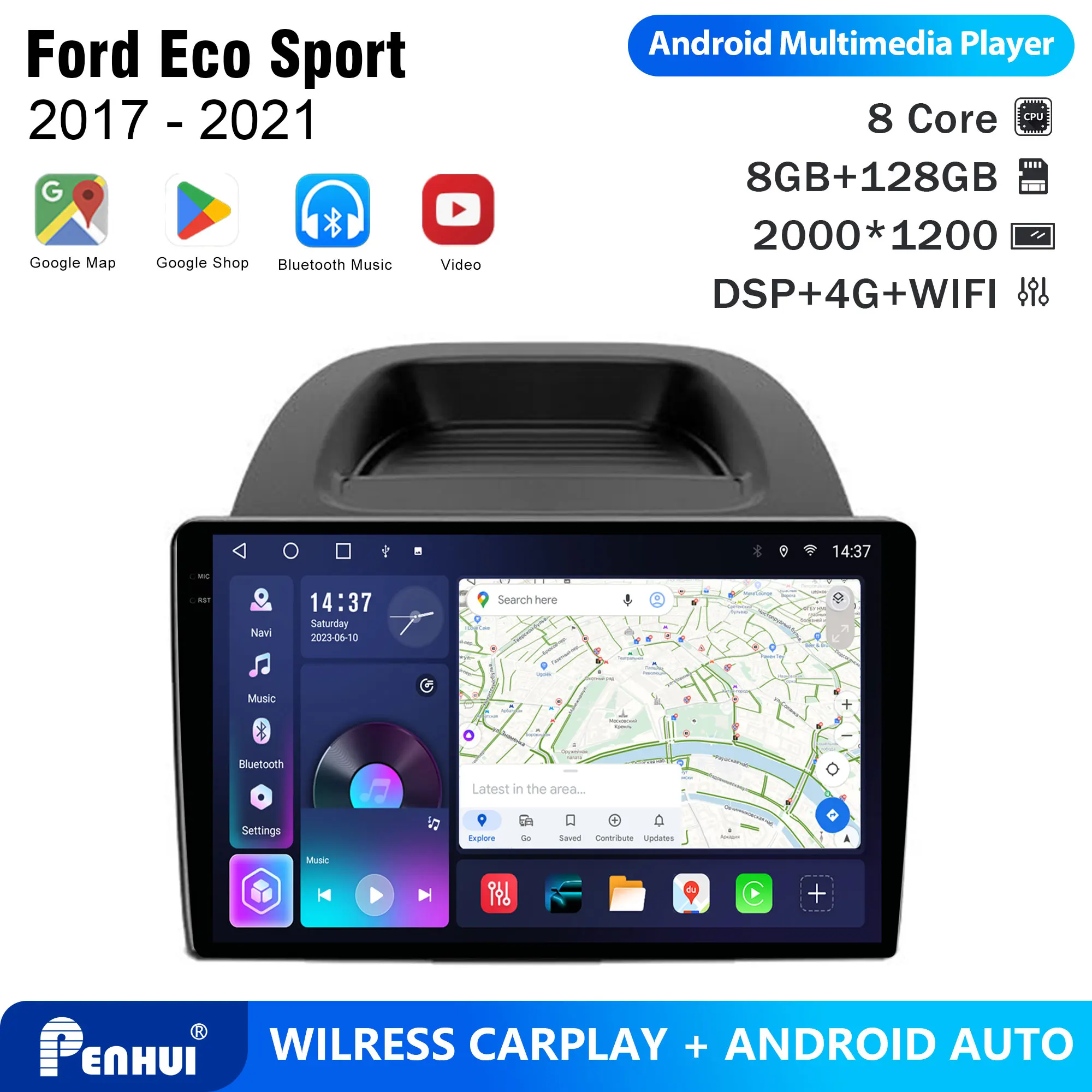 Penhui For Ford Eco Sport 2017 - 2021 Android Car DVD Player 2Din 9'' Touchscreen DSP Bluetooth Video Radio Multimedia System
