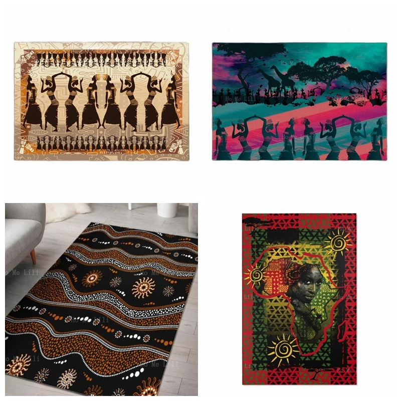 Mother African Dancers Earth Tones Colorful Aqua Purple Sky Cultural Vibrant Flannel Floor Rugs For Living Room Home Decor