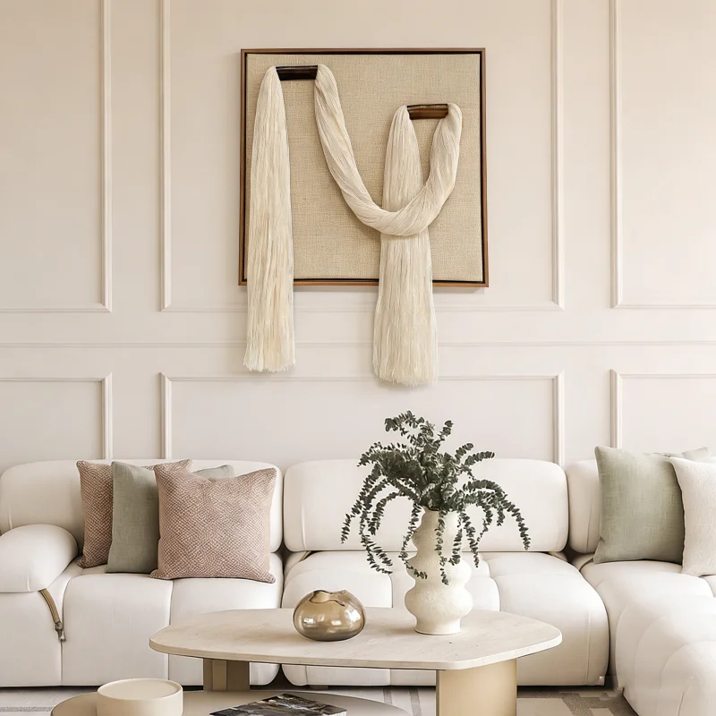 

Minimalist Macrame Wall Hanging Handwoven Cream Tassel Wall Art with Wooden Dowel Modern Boho Home Decor for Living Room