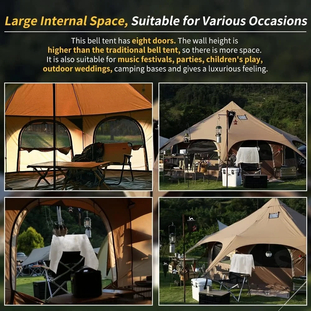 Canvas Tent Bell Tent with Stove Jack for Glamping Family Camping Zippered Removable Floor