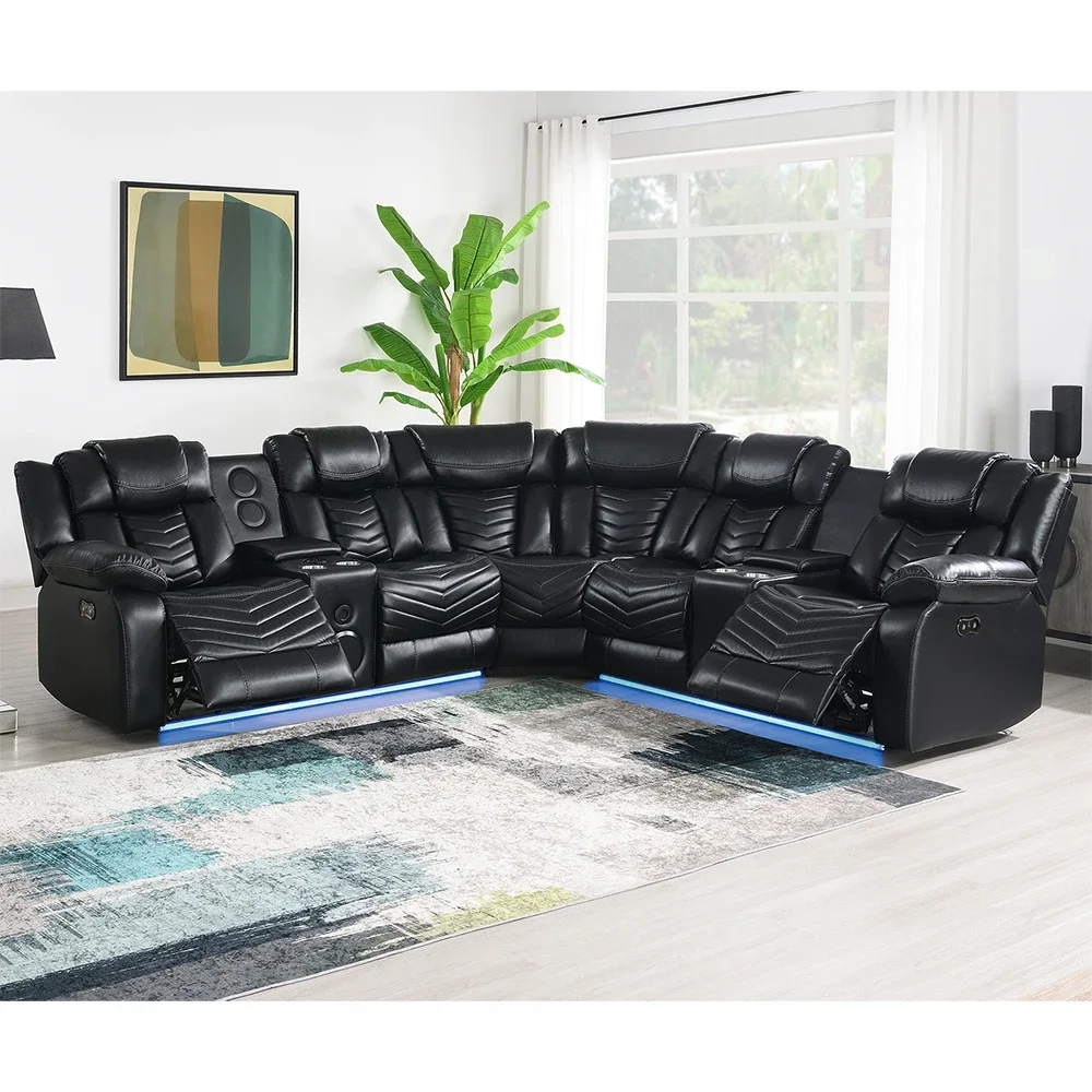 Air Leather Recliner Power Corner  Sofa  Set with  Speaker and LED Sectional  Function Sofa  Living Room Furniture
