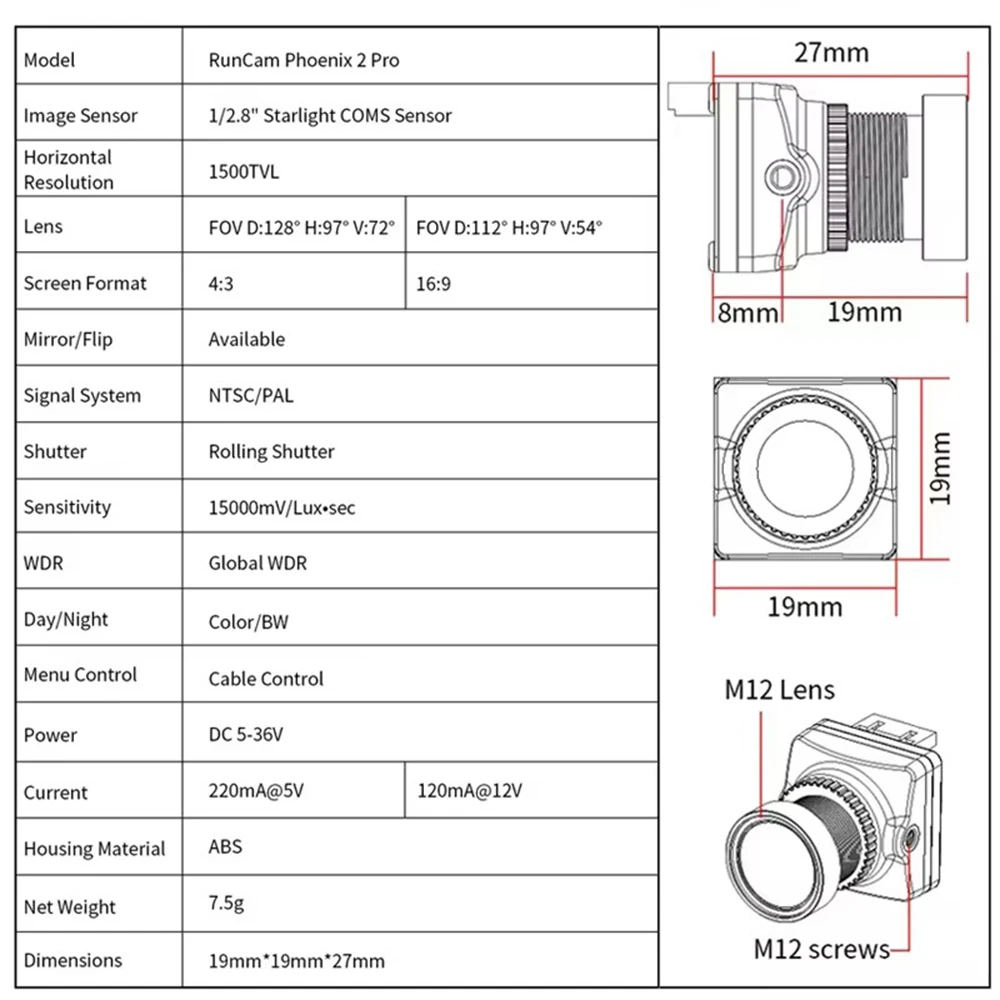 RunCam Phoenix 2 Pro 1500TVL 16:9/4:3 NTSC/PAL Freestyle Night Vision FPV Camera Switchable Racing FPV Drone