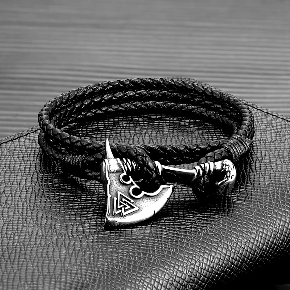 Viking Axe Wolf Raven Braided Leather Bracelet Nordic Valknut Amulet Bracelet For Men Women Exclusive Fashion Jewelry Accessory