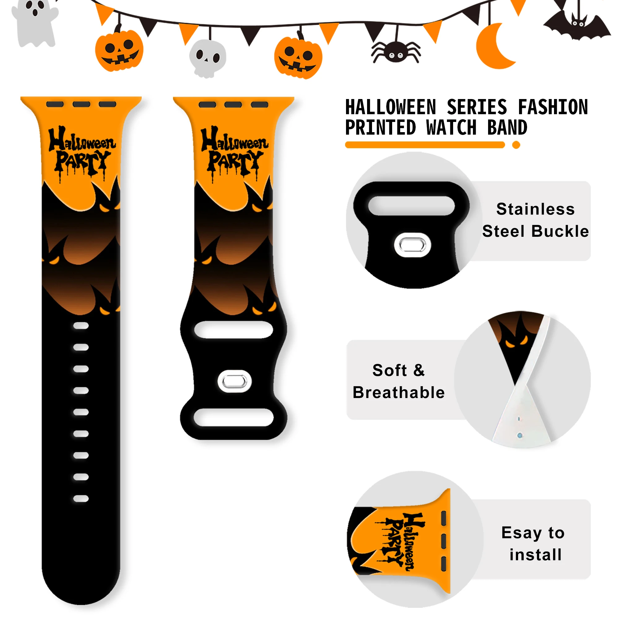 Halloween Style Women's Silicone Watch Strap Men's Demon Castle Sports Wristband Bat Pattern For Apple Watch Strap for 38 42 49