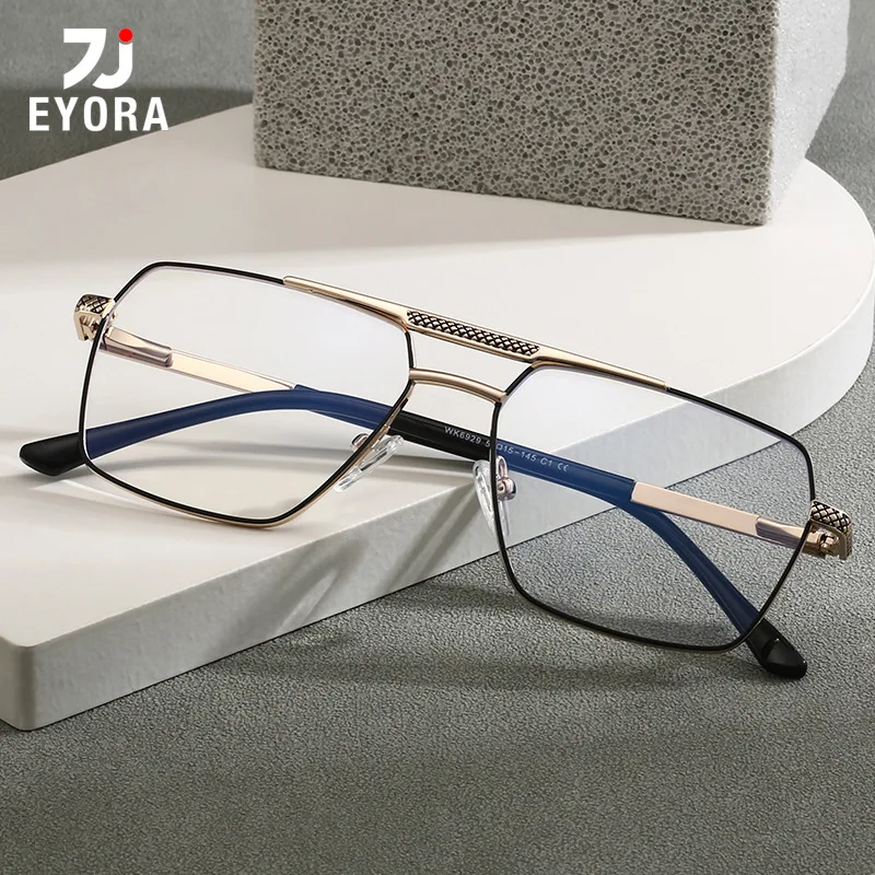 

EYORA Metal Men Double-bar Business Reading Glasses Anti Blue Light Myopia and Hyperopia Photochromic Prescription Eyewear Lens