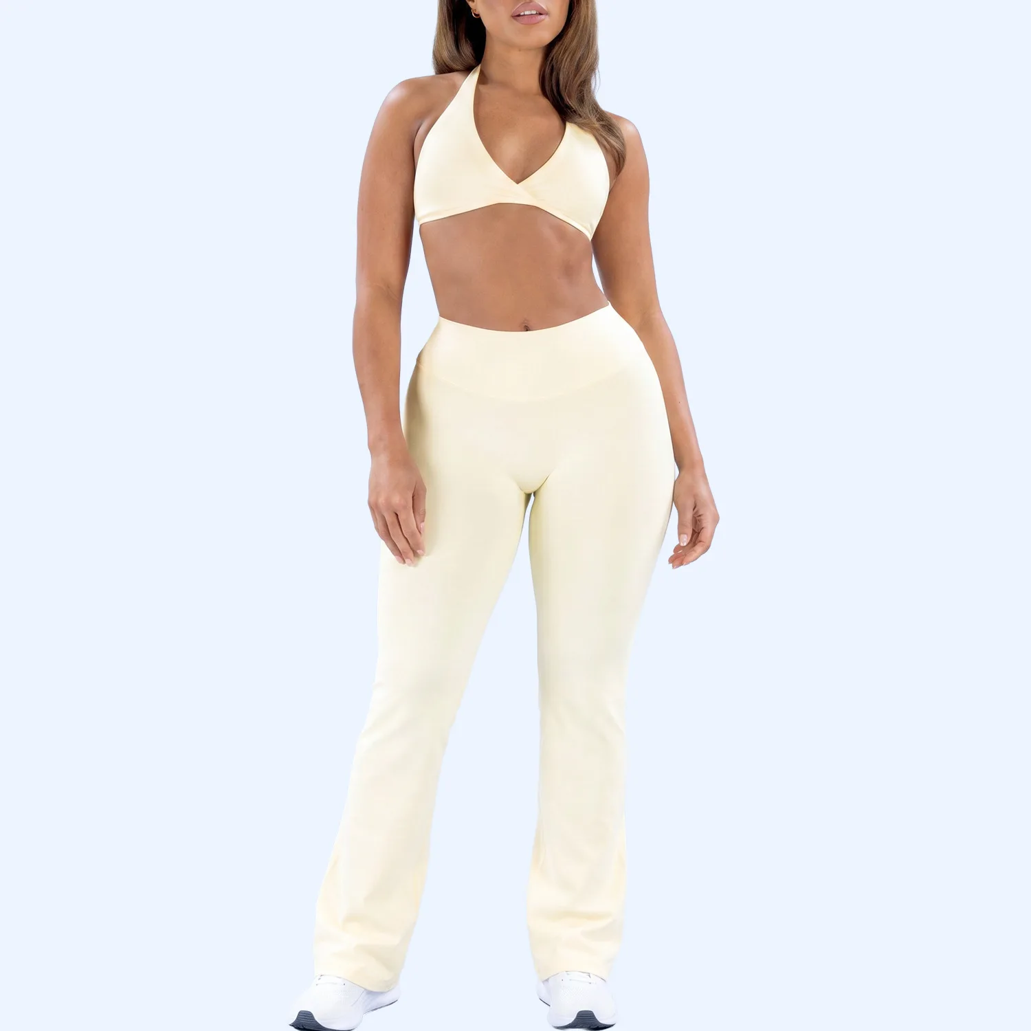 Women Halter Yoga Outfit 2 Piece Set Slim Crop Tank Top Flared Pants Gym Fitness Tracksuit Outdoor Running Sports Wear