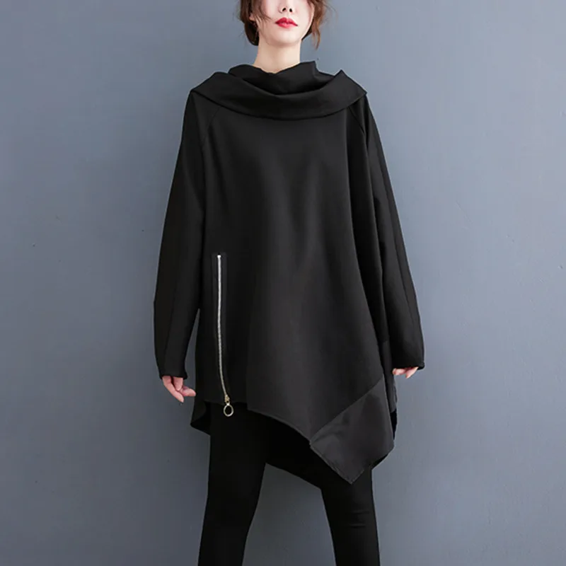 

#3704 Autumn Winter Black Asymmetrical Hoodies Sweatshirt Tops Pullovers Loose Batwing Sleeve Long Sweatshirt Zipper Pile Collar