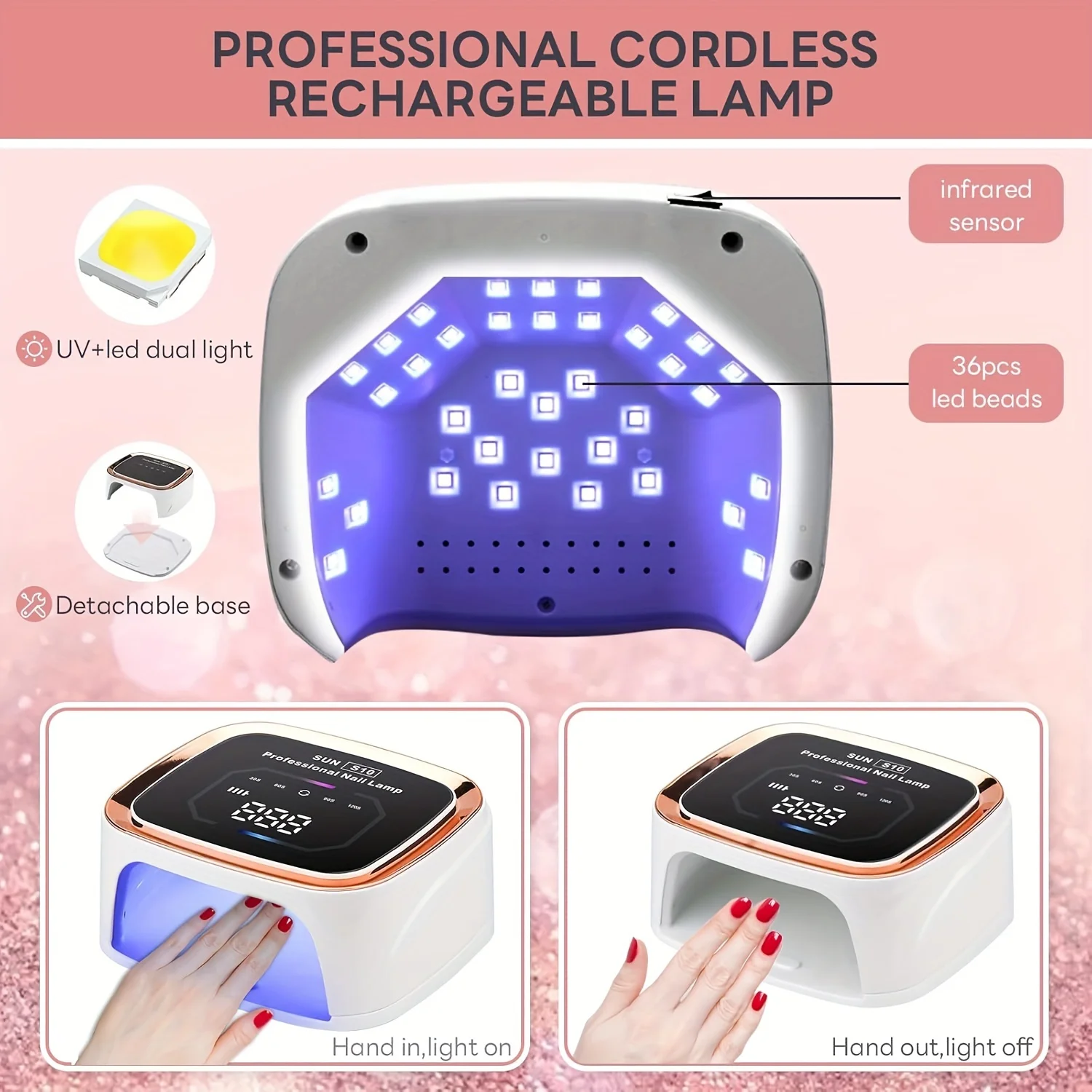 Lampa UV do paznokci z 36 diodami LED, 108W, akumulatorowa, bezprzewodowa, do manicure i utwardzania wszystkich lakierów żelowych w domu, salonie DIY.