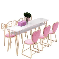 Nordic Double-layer Nail Table, Beauty Salon Golden Iron Solid Wood Manicure Table and Chair Set