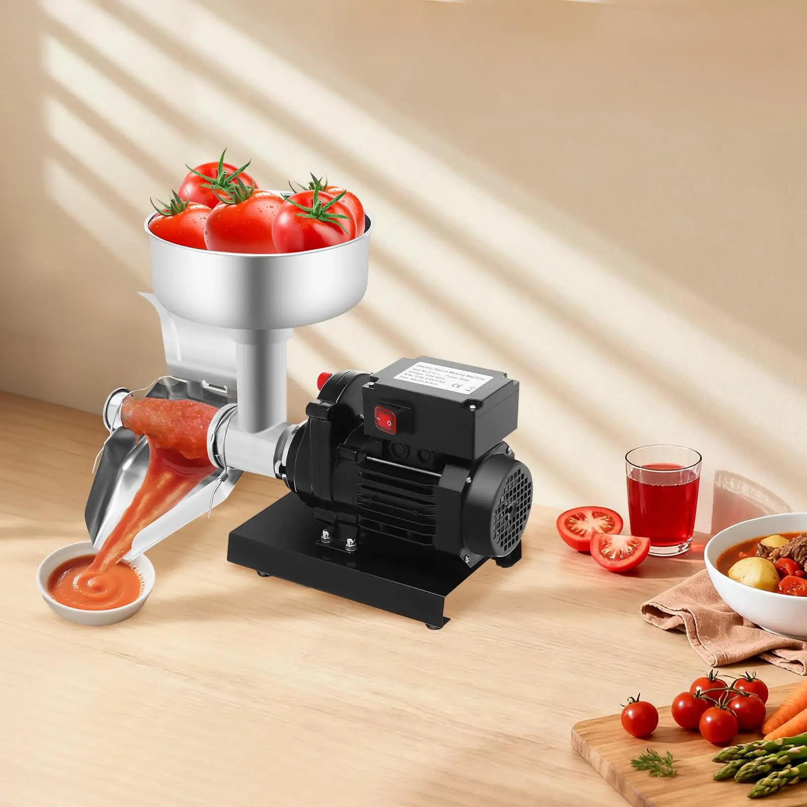 Electric Tomato Strainer 450W Stainless Steel Sauce Maker with Funnel & Trough, 198.42-352.74lbs/H Fruit Press and