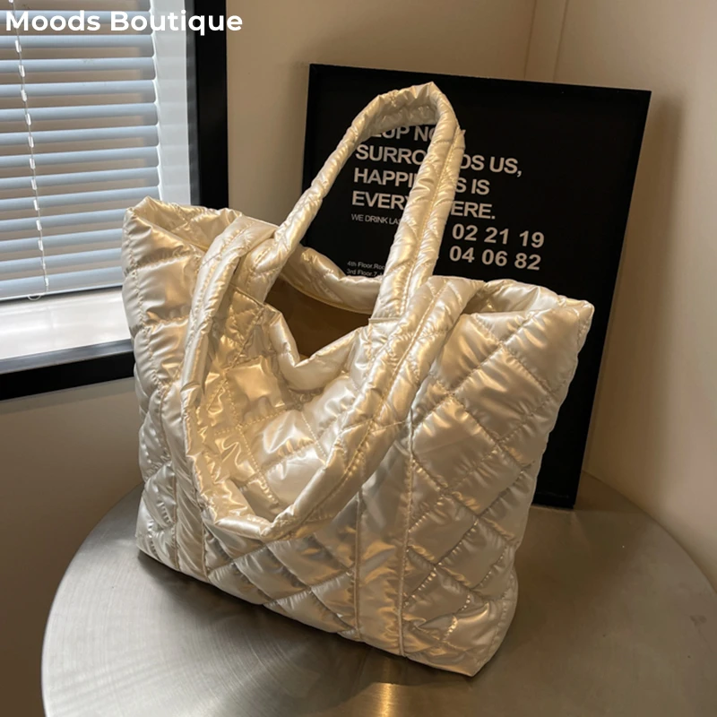 

MOODS Padded Shoulder Bags For Women Diamond Pattern Golden Nylon Fabric Soft Tote Bag 2023 Winter Warm Large Capacity Shoppers