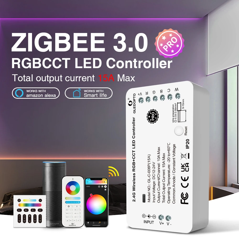 

GLEDOPTO Zigbee3.0 RGBCCT LED Strip Controller Pro 15A Current Hu/e Tuya Smart Life SmartThings App 2.4G RF Remote Control Voice